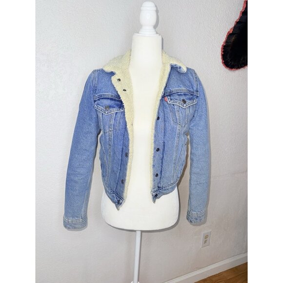 Levi’s Denim Sherpa  Trucker Jacket Light Blue Wash Button Snap XS Western 2A - Picture 1 of 5